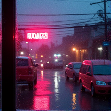 Träumen beim Blick auf Neonschilder im Regen