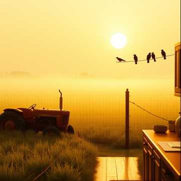 Morgennebel lichtet sich über einem ruhigen ländlichen Feld